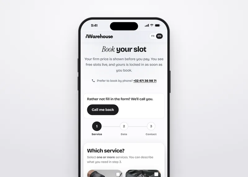 Screenshot of the booking page on a phone
