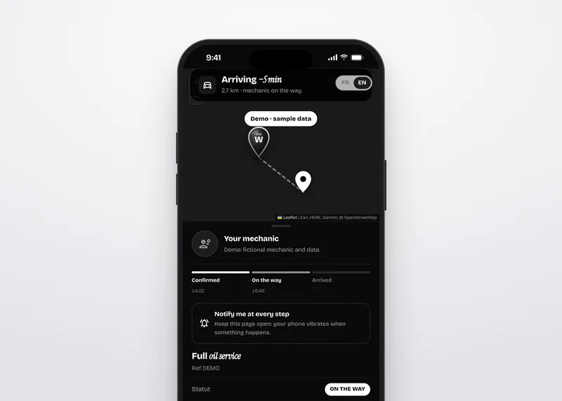 Screenshot of live tracking on a phone (demo)